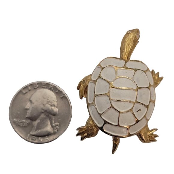 Vintage Gold Tone White Enamel Clear Rhinestone Turtle Brooch Pin E896 - Picture 6 of 8